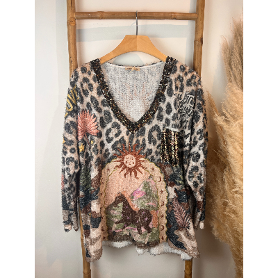 Pull maille poilue soleil léopard grande taille